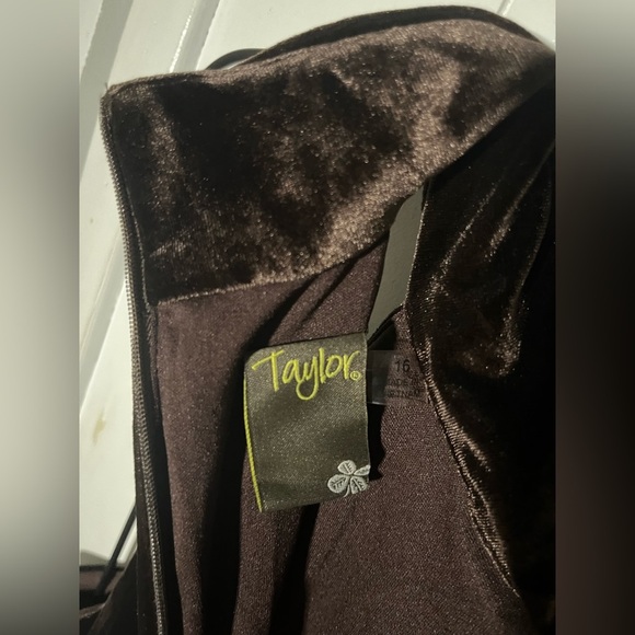 Taylor Dresses Halter Side Slit Chocolate Brown Velvet Gown - Picture 12 of 13